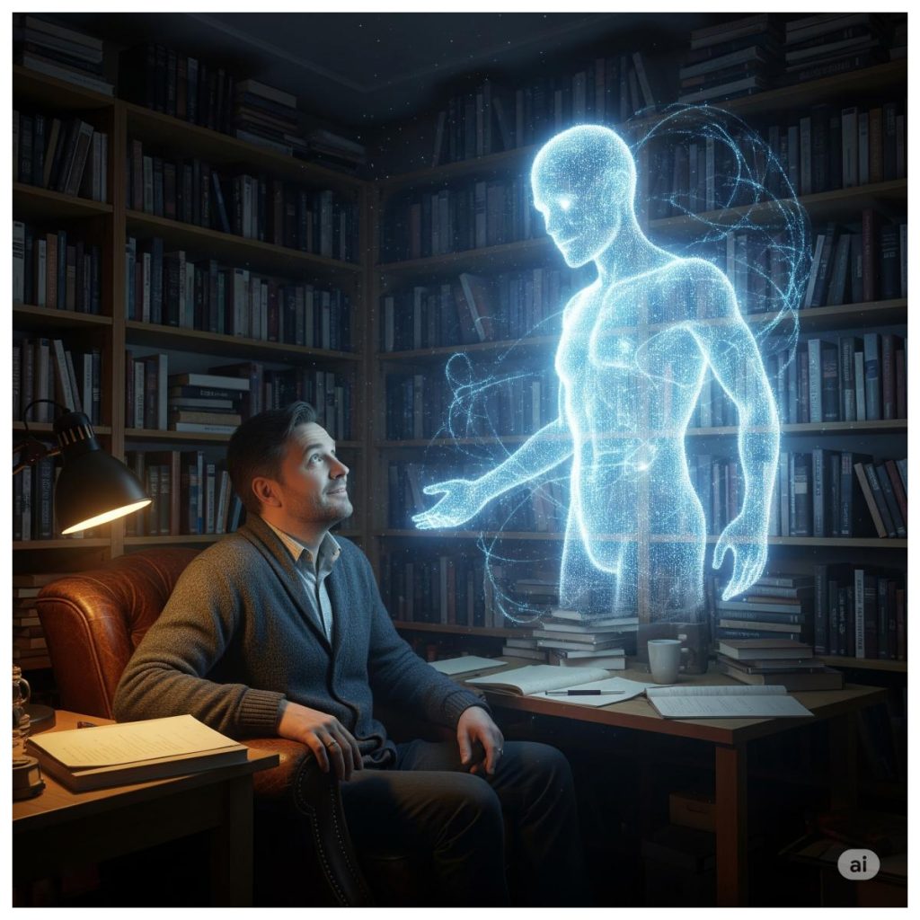 Das Bild stellt einen nachdenklichen Autor in seinem gemütlichen, mit Büchern gefüllten Studio dar