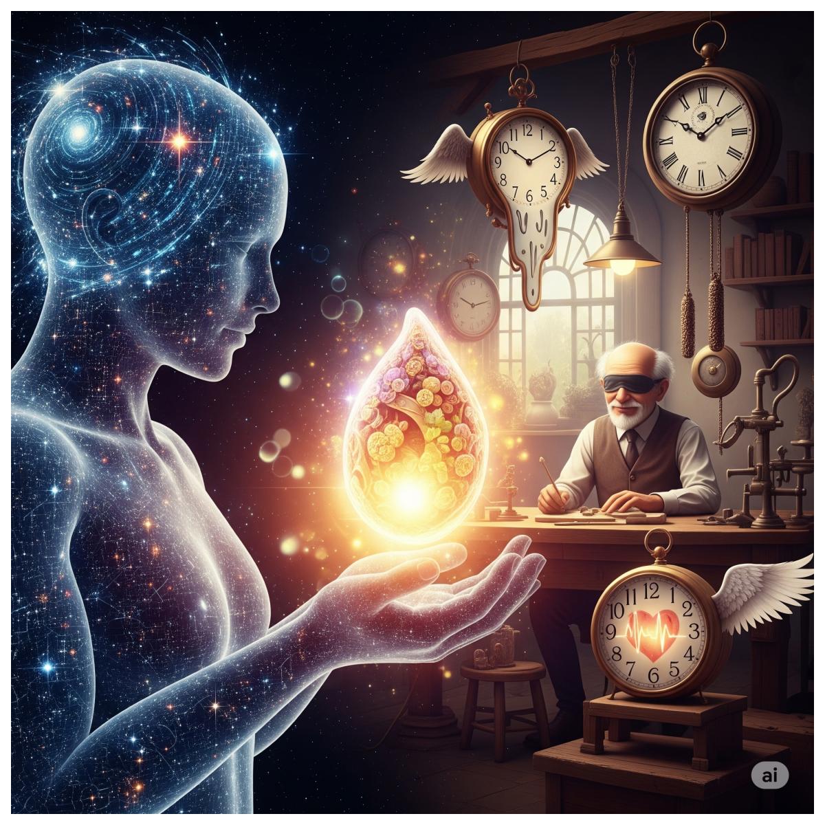 Gaia aus Licht träumt eine Welt aus Erinnerung, der blinde Uhrmacher lächelt seinen lebendigen Uhren zu, denn wahre Schönheit liegt in der Seele der Dinge.