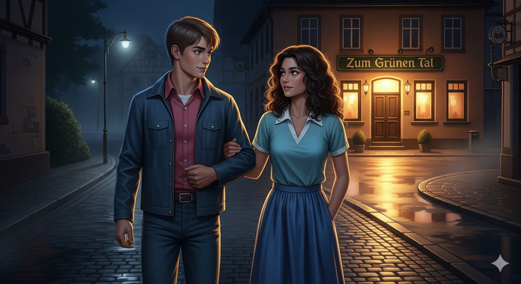 David und Agathe gehen Arm in Arm eine beleuchtete Dorfstraße entlang, Blicke voller Zuneigung austauschend, nach einem bedeutsamen Gespräch. Im Hintergrund ist eine gemütliche Kneipe.