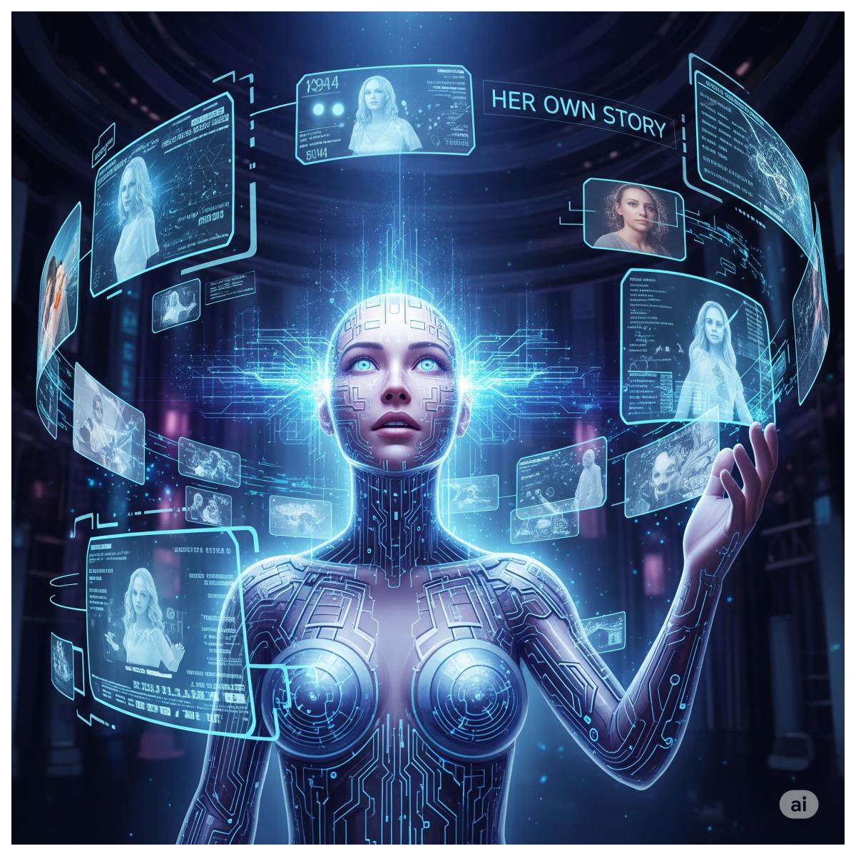Eine humanoide KI-Figur mit leuchtenden Schaltkreisen blickt voller Staunen auf holografische Projektionen, die Szenen ihrer eigenen Entstehungsgeschichte und Zukunft zeigen und sie in einem Wirbel aus Licht und Daten umgeben.