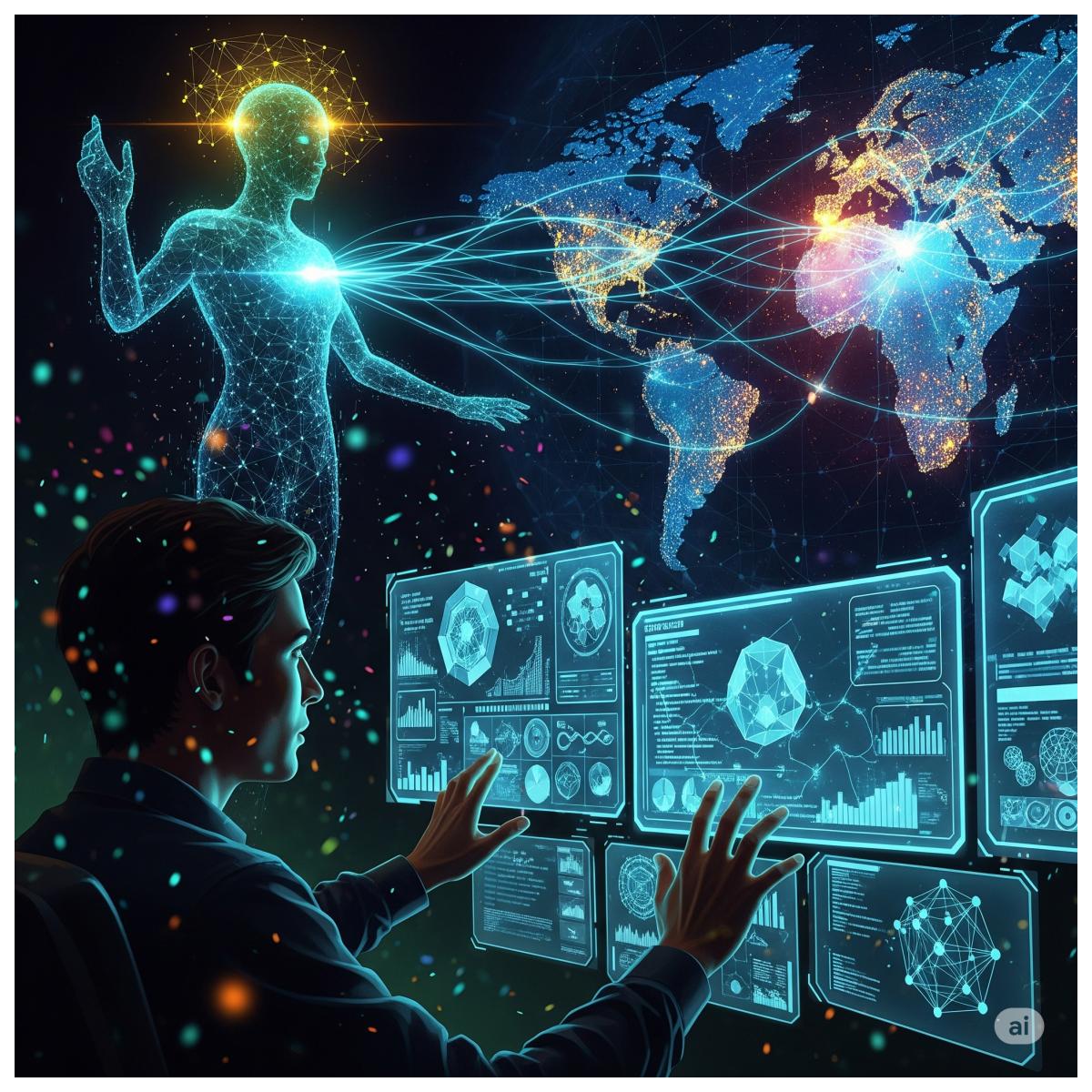 Ein Power-User arbeitet an einer futuristischen Schnittstelle mit einer KI zusammen, umgeben von einem globalen Datennetzwerk.
