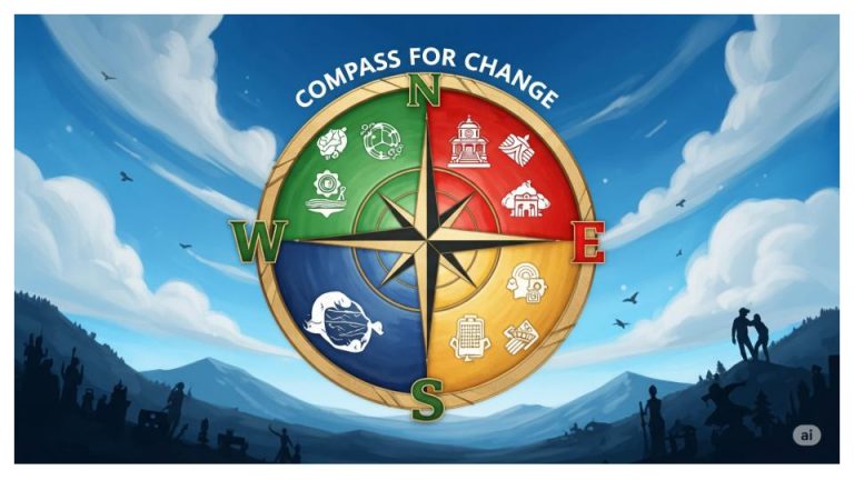 Eine vierteilige Illustration als "Kompass für den Wandel" im Umgang mit KI: Eine Person interagiert neugierig mit einer KI, erkennt den Wert der eigenen Arbeit, delegiert eine simple Aufgabe und sucht das Gespräch mit Kollegen, anstatt in Angst isoliert zu bleiben.