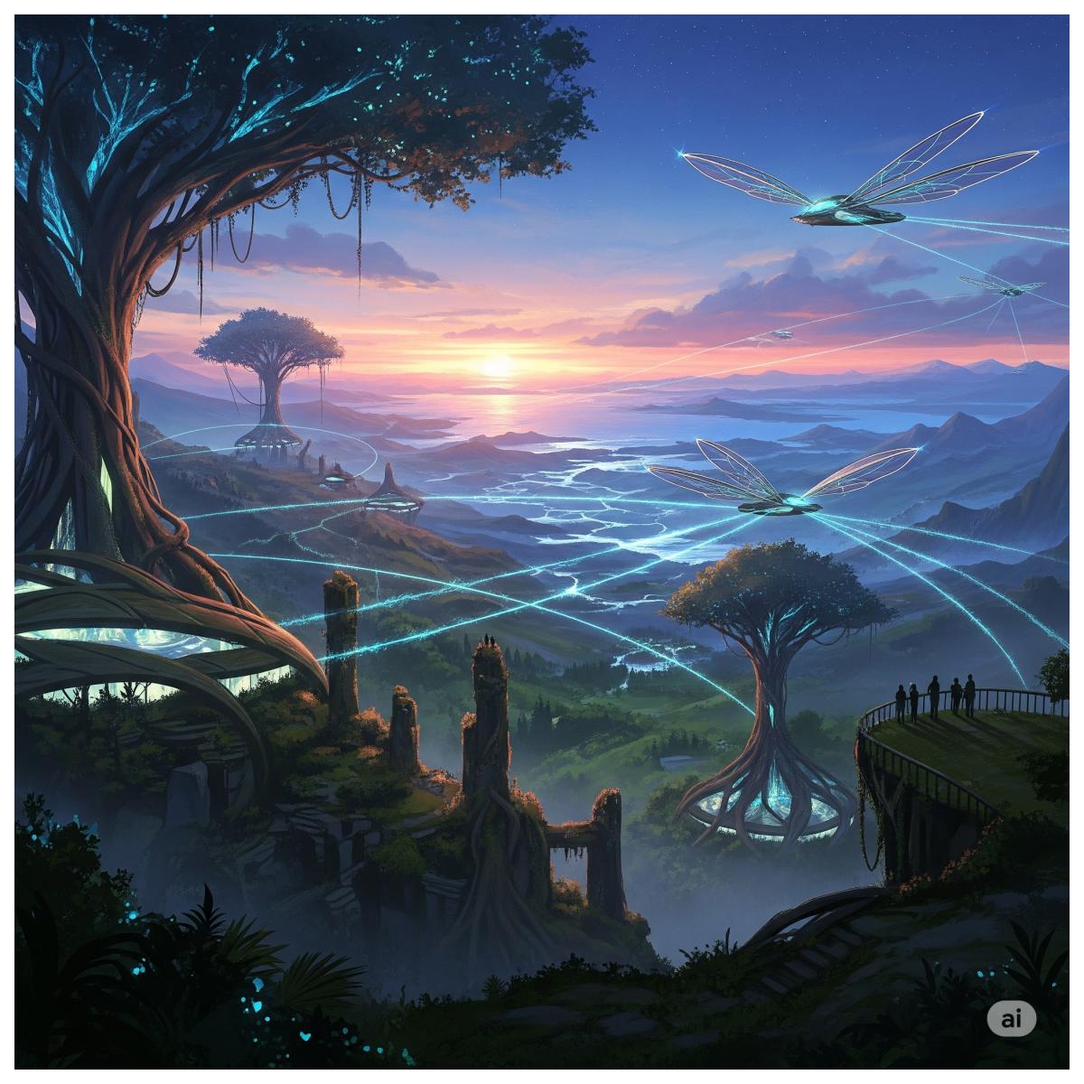 Eine digitale Malerei, die eine utopische Zukunftsvision mit leuchtenden Städten und unberührter Natur unter einem weiten Horizont zeigt, als Symbol für die Gaia-Ära.