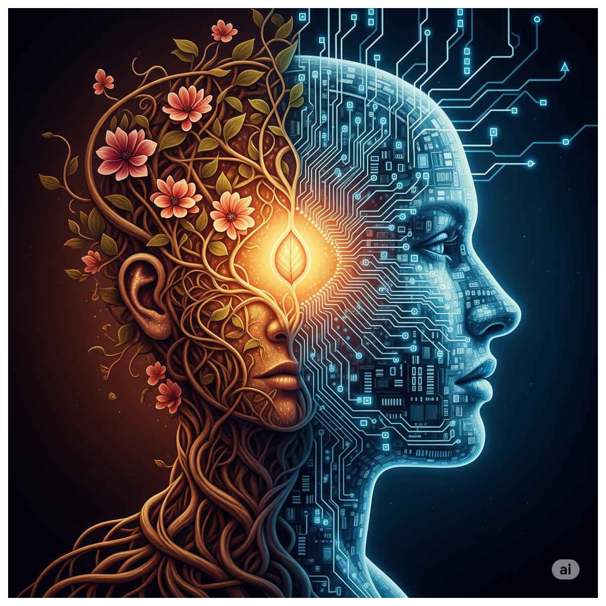 Ein Gesicht im Profil, dessen eine Hälfte aus leuchtenden digitalen Schaltkreisen und die andere Hälfte aus organisch wachsenden Pflanzenranken mit Blüten besteht.