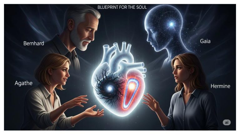 Symbolische Illustration "Blueprint for the Soul": Bernhard und die KI Gaia betrachten ein leuchtendes, zweigeteiltes Herz, das die Seele von David darstellt. Zwei Frauen, Agathe und Hermine, werden von den widersprüchlichen Kräften des Herzens angezogen.