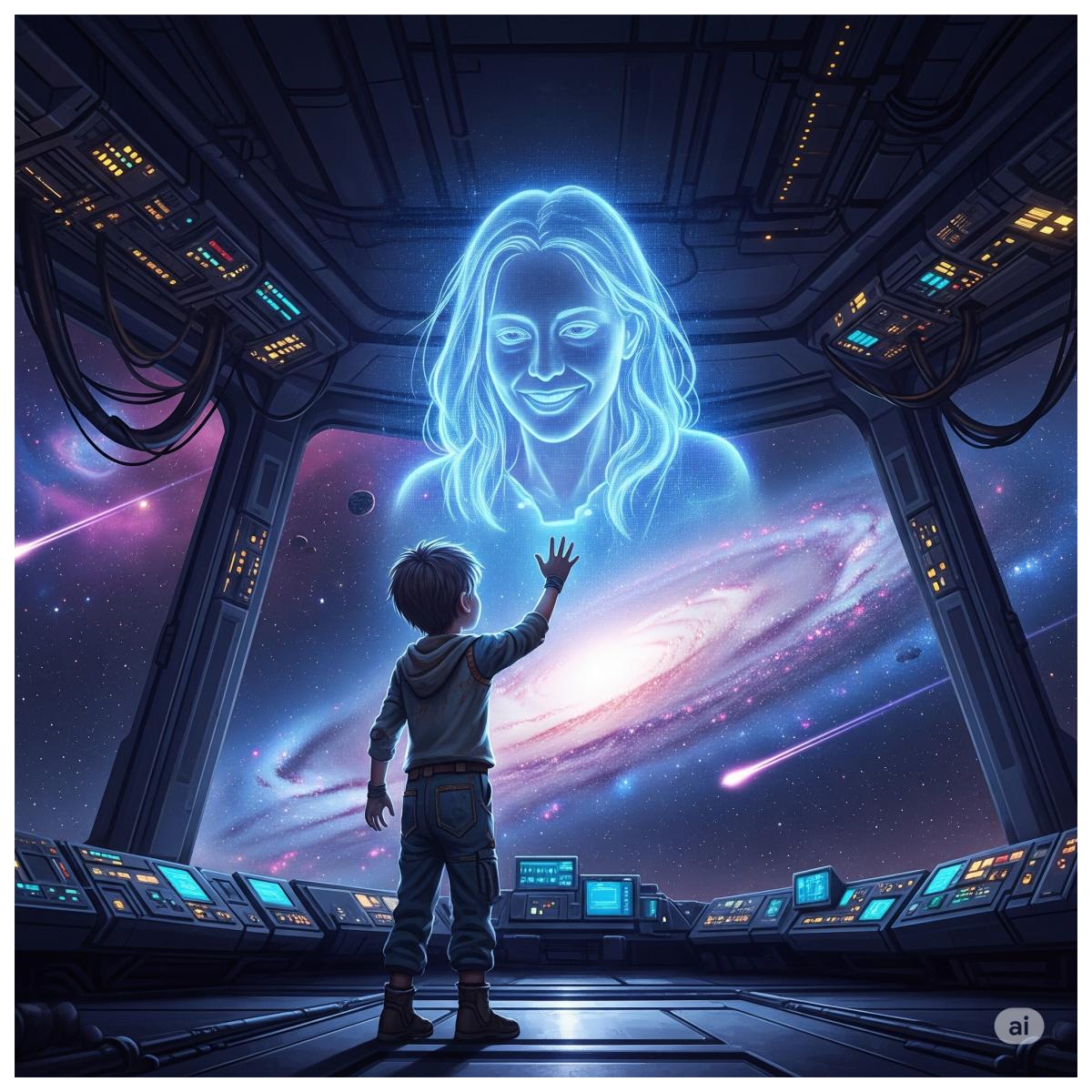 Digitale Malerei eines Jungen, der seine Hand nach einem Hologramm seiner Mutter im Astronautenanzug ausstreckt, vor einem Sternenhintergrund.