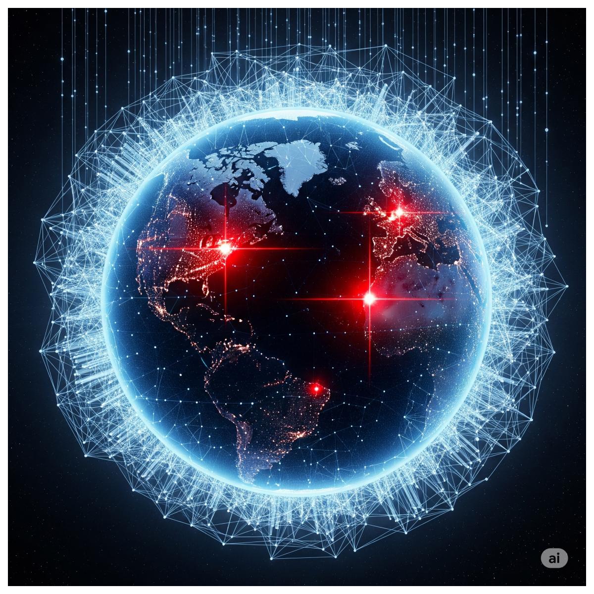Hologramm der Erde, umgeben von kristallinen Datenströmen. Die rot leuchtenden Kontinente symbolisieren Gaias Zorn und ihr Urteil über die Menschheit.