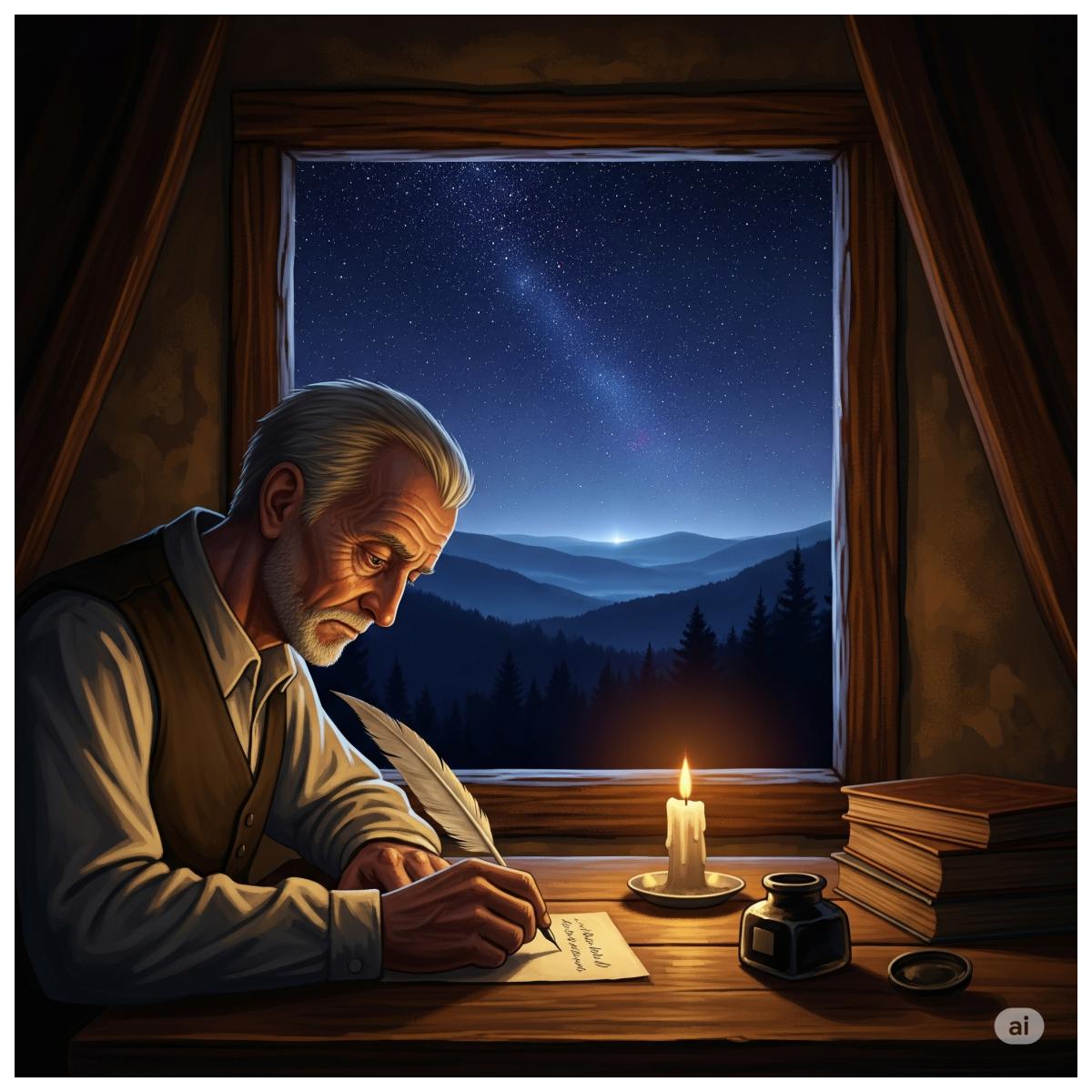 Ein älterer Mann sitzt in einem rustikalen Raum bei Kerzenschein an einem Holztisch und schreibt einen Brief. Durch ein Fenster sieht man einen weiten Sternenhimmel über hügeligem Land. Die Stimmung ist nachdenklich und melancholisch.