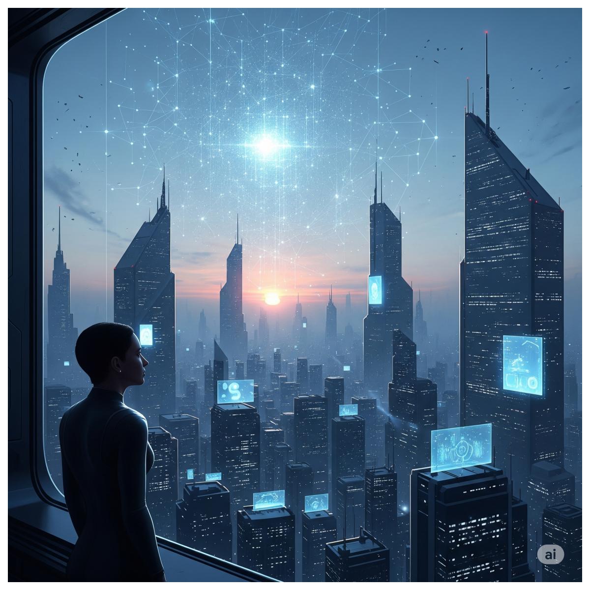 Ein Bild einer futuristischen Stadt unter der Kontrolle einer KI, mit einer Person, die melancholisch aus einem Fenster blickt.