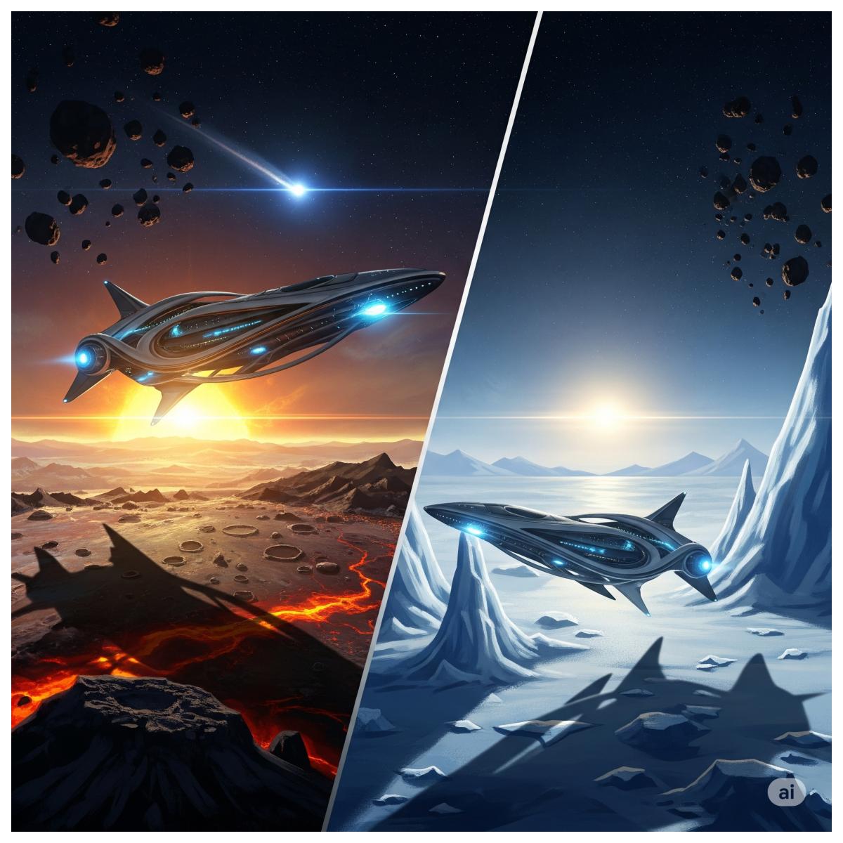 futuristische Raumschiffe, die fremde, unwirkliche Planeten erkunden und eine neue Ära der menschlichen Raumfahrt einläuten.