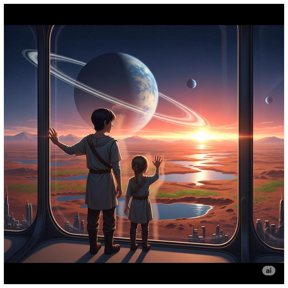 Zwei Kinder, David und Sabine, blicken aus einem Fenster der Mars-Stadt Nova Elysia auf eine terraformte Marslandschaft im Morgengrauen.