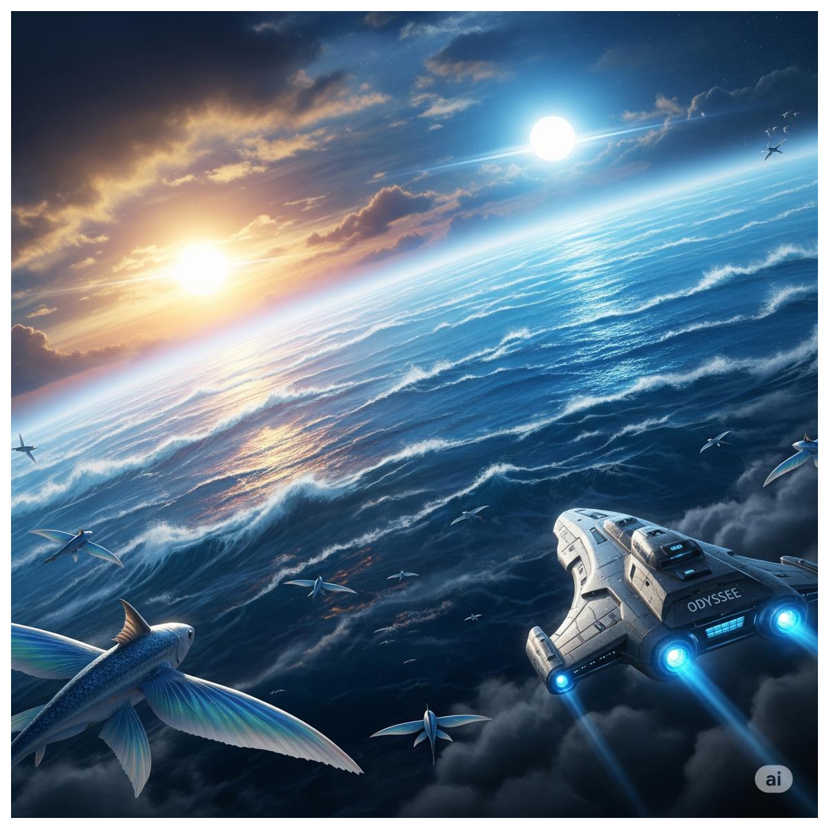 Ein Bild des Raumschiffs "Odyssee", das über dem riesigen, blauen Wasserplaneten Okeaniden schwebt, beleuchtet von zwei Sonnen und umgeben von fliegenden, fischähnlichen Kreaturen.