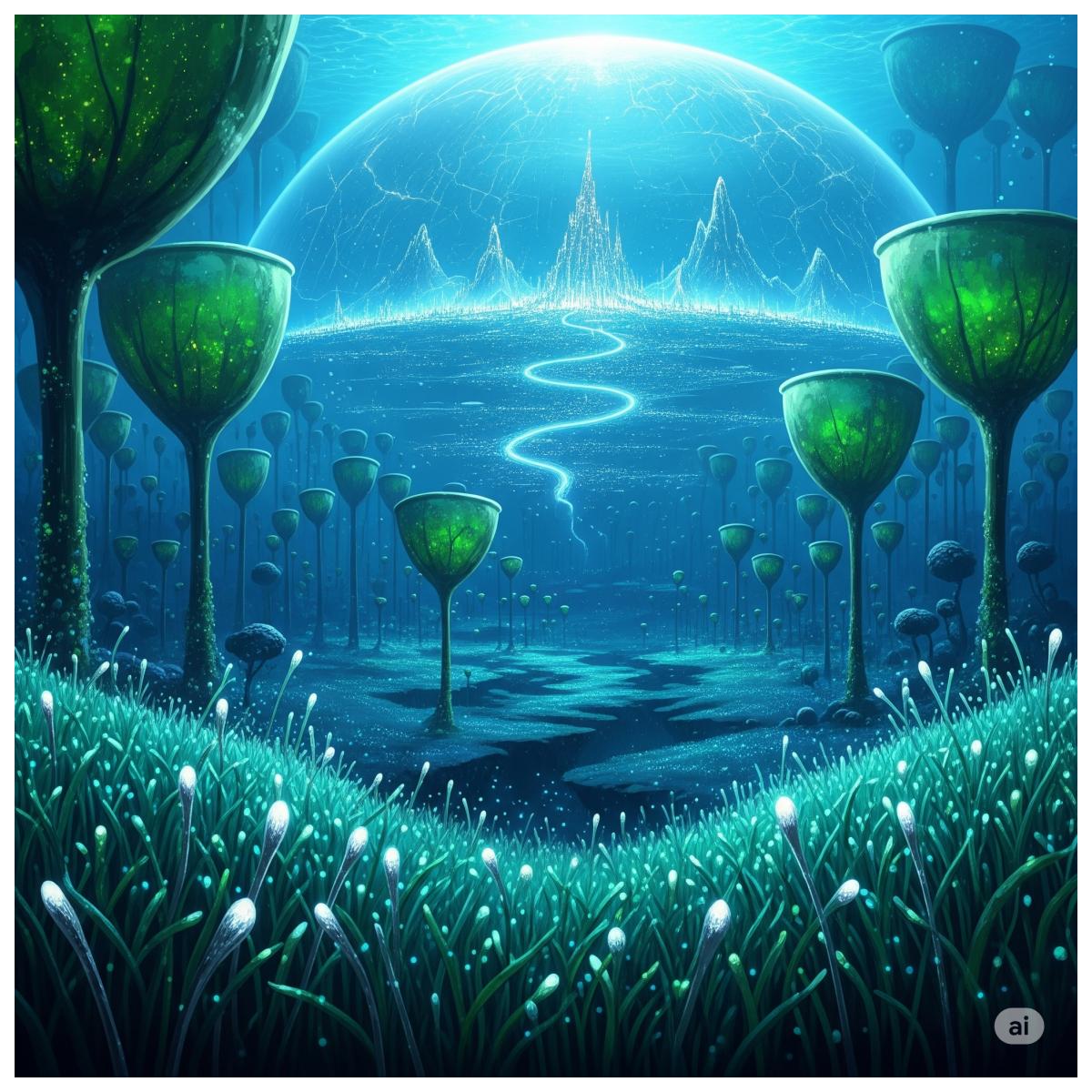 Das Bild einer leuchtenden Unterwasserwelt mit riesigen, smaragdgrünen Pflanzen und einer futuristischen, organischen Stadt unter einer gewaltigen Wasserkuppel.