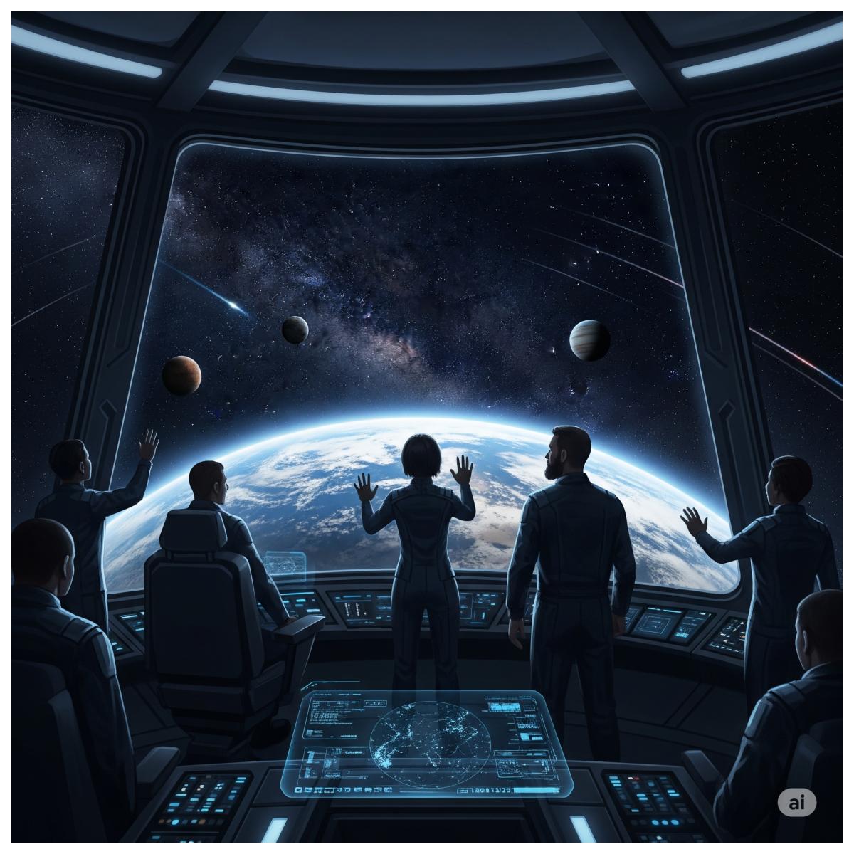 Das Bild zeigt das Kommandodeck des Raumschiffs Odyssee. Im Inneren steht die Crew vor einem riesigen Fenster und blickt ehrfürchtig auf die Erde und das Sonnensystem. Die Szene ist von starken Emotionen und der unendlichen Weite des Weltraums geprägt.