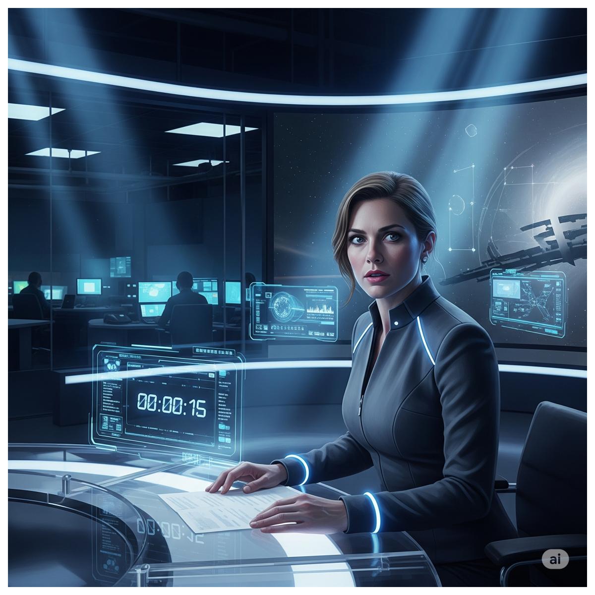Dieses Bild zeigt Nachrichtensprecherin Sarah Beck in einem futuristischen Studio, die sich auf eine globale Übertragung über die Entdeckung außerirdischen Lebens vorbereitet.