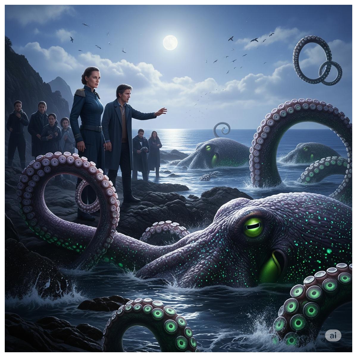 Eine bildliche Darstellung von Wissenschaftlern an einem felsigen, mondbeschienenen Ufer, die auf riesige, biolumineszente Oktopusse treffen, welche aus dem Ozean auftauchen.