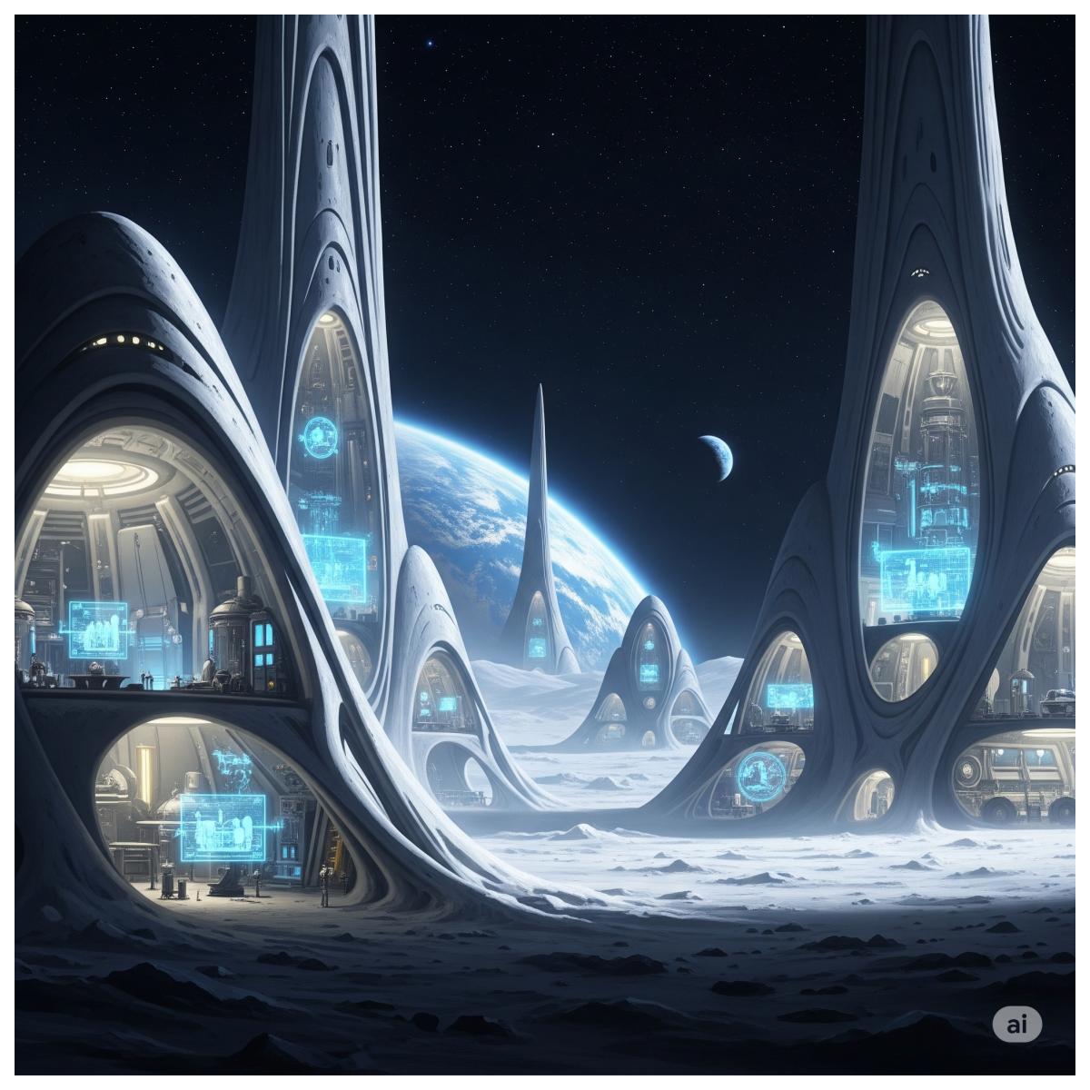 Das Bild einer futuristischen Mondbasis ("Sternenschmiede") mit organischen, leuchtenden Gebäuden und Blick auf die Erde.
