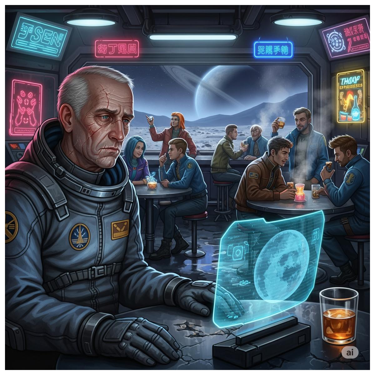 Das Bild eines alten, wettergegerbten Raumfahrers, der in einer überfüllten, futuristischen Sci-Fi-Bar sitzt und mit melancholischem Gesichtsausdruck auf einen leuchtenden Bildschirm starrt.
