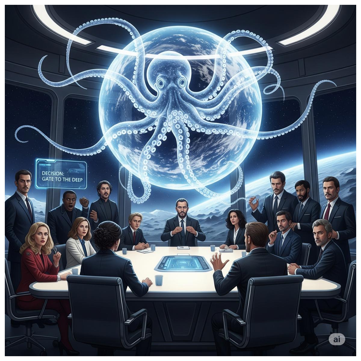 Eine digitale Malerei, die die menschliche Führung in einem futuristischen Konferenzraum zeigt, wie sie auf ein Hologramm eines riesigen, bewussten Kraken blickt, der als "Tor zur Tiefe" bezeichnet wird.