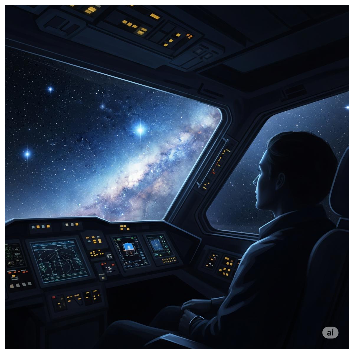 Eine Person in einem Raumschiff, die durch ein Panoramafenster auf die leuchtende Milchstraße und die Sterne blickt.