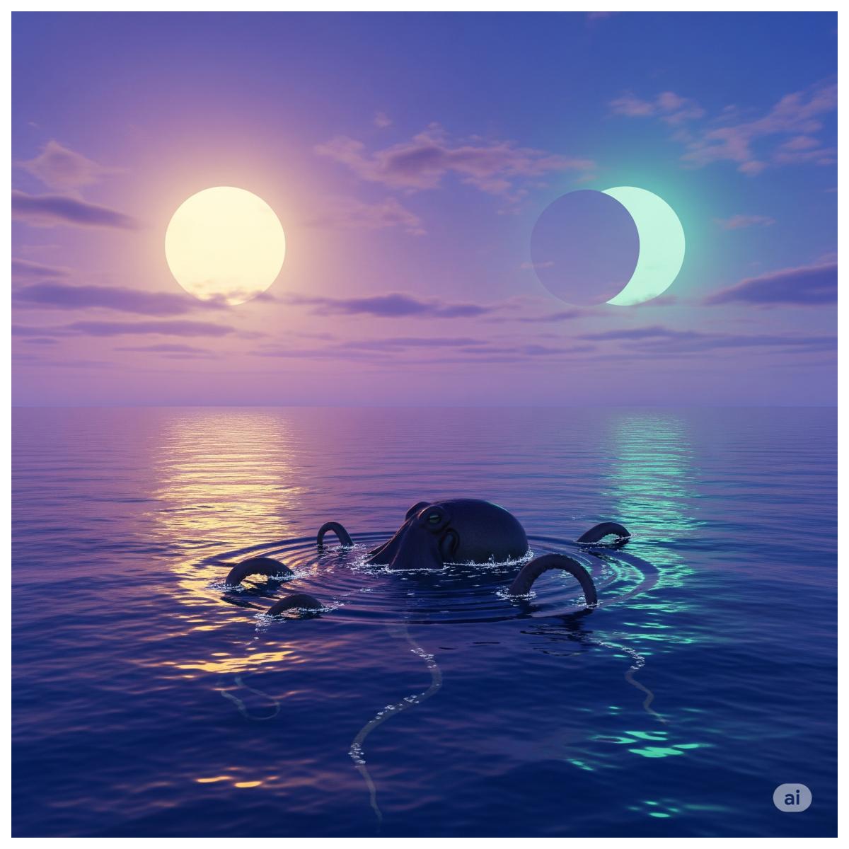 Eine Illustration eines riesigen Wasserplaneten mit einem Doppelsonnensystem und einem kolossalen Kraken, der aus dem Ozean auftaucht.