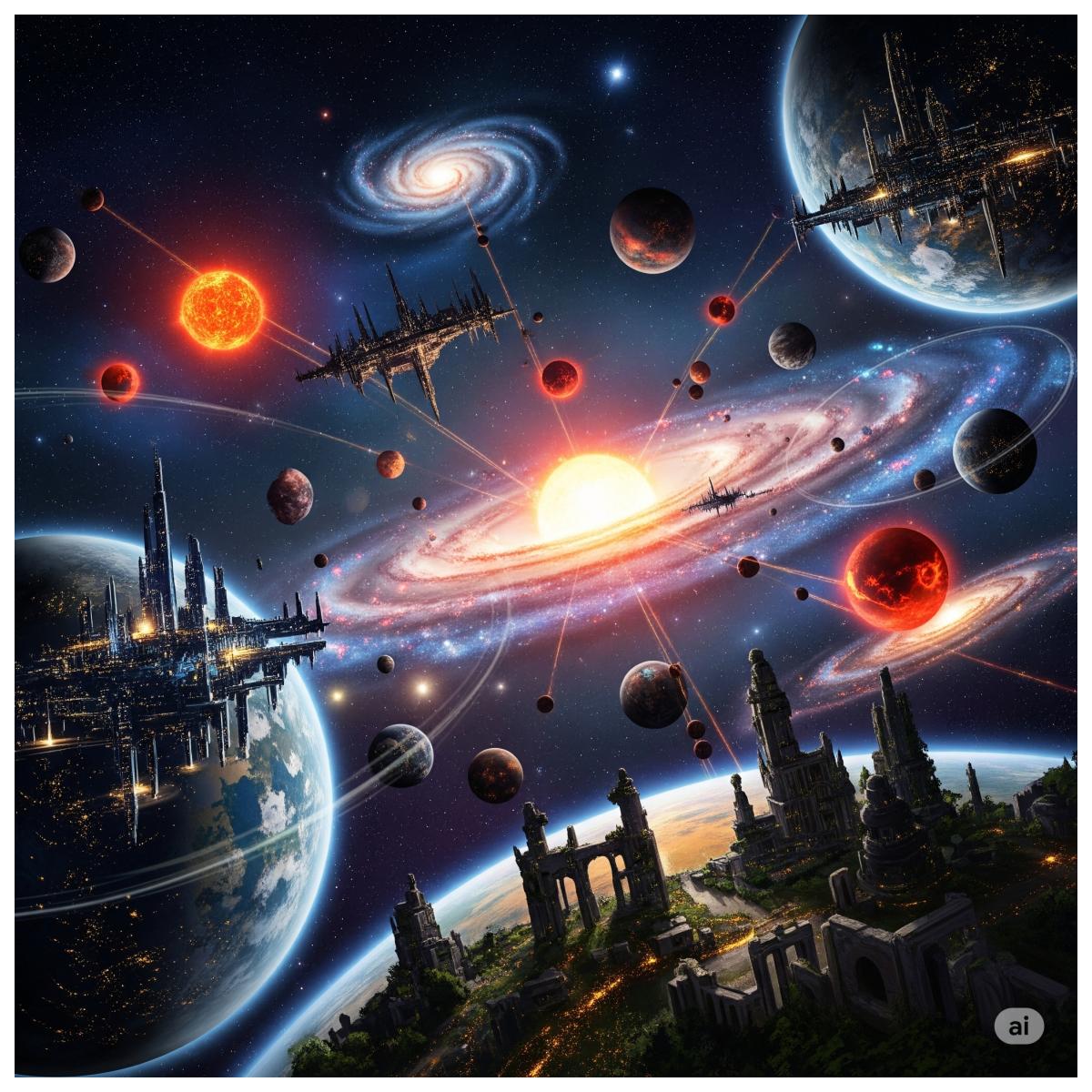 digitale Malerei einer kosmischen Symphonie, die die Geburt von Galaxien aus Sternenstaub und das Verglühen von Sonnen inmitten des unendlichen Raumes zeigt.