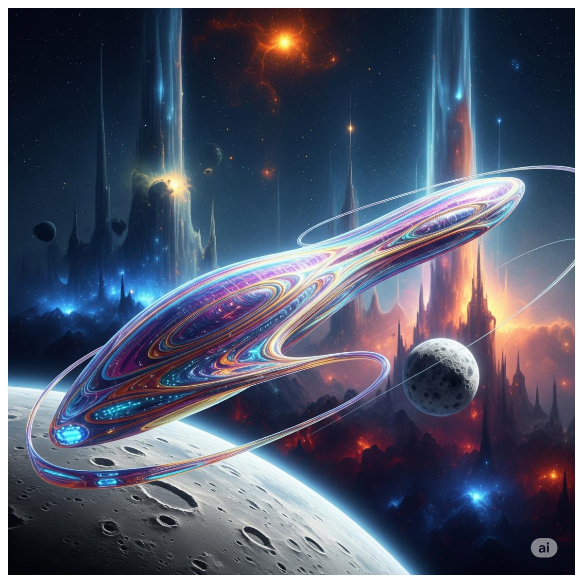 Eine organisch leuchtender Sternengleiter in dem Kosmos Und tanzt um die Planeten herum