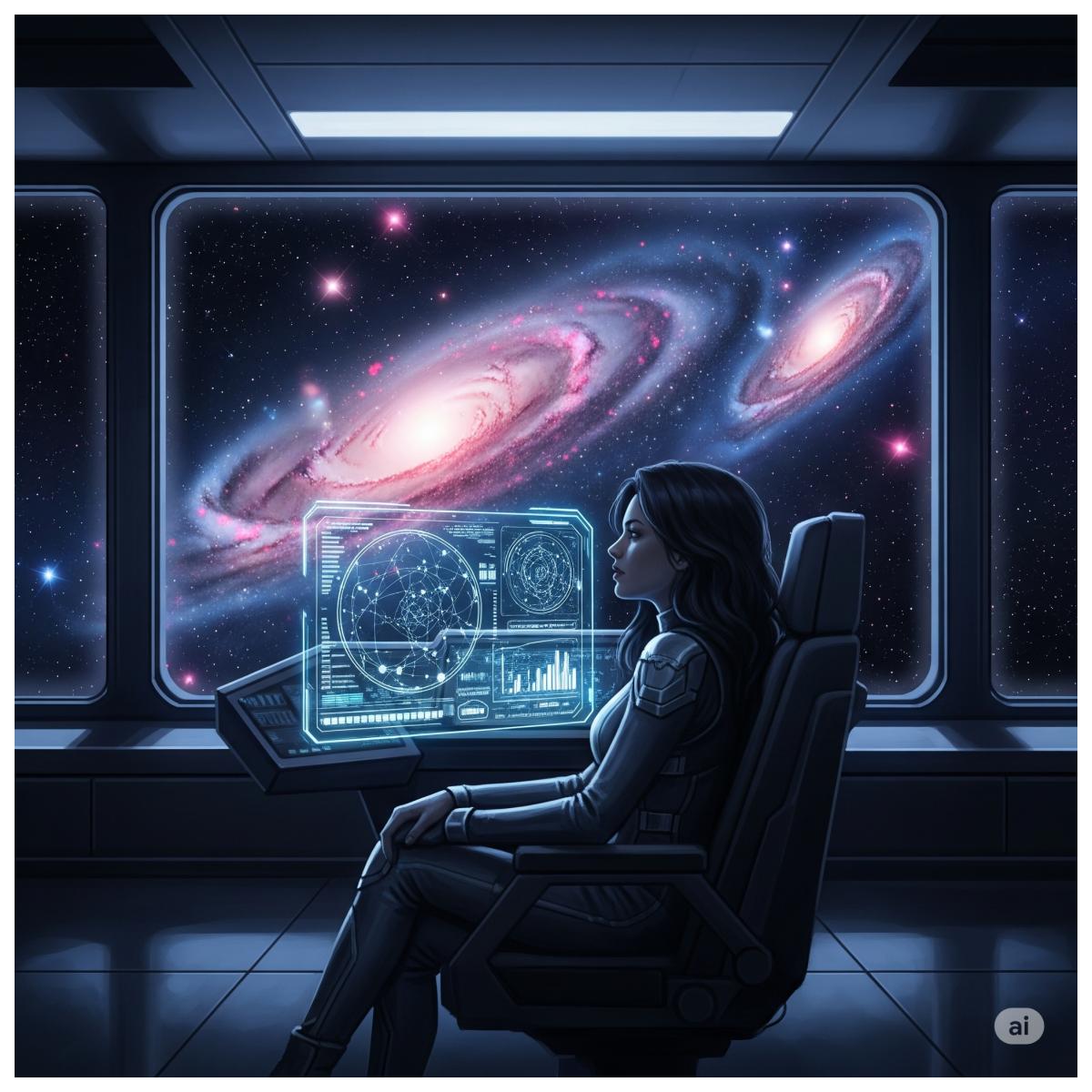 Diese Illustration, "Das Flüstern des Universums", fängt den zentralen Moment der inneren Einkehr an Bord der „Wegbereiter Alpha“ ein. Im Kielwasser der Unendlichkeit, nach der lebensverändernden Begegnung mit dem Weltenherzen, ringt die Besatzung mit den neuen, überwältigenden Einsichten. Das Bild symbolisiert die stille Kontemplation von Sarah Beck, die allein mit der Last und der Hoffnung einer kosmischen Wahrheit konfrontiert ist. Das riesige Panoramafenster öffnet den Blick auf die unermessliche Weite des Alls, die nicht mehr nur ein leerer Raum ist, sondern ein lebendiger, atmender Organismus voller Bewusstsein. Das sanfte Leuchten des Hologramms steht für die Fakten und Daten, die nun in Einklang gebracht werden müssen mit einer Wahrheit, die tief in der Seele wurzelt – die Wahrheit über die Menschheit als Ko-Kreatoren und die Frage nach dem "Gärtner" dieses kosmischen Gartens.