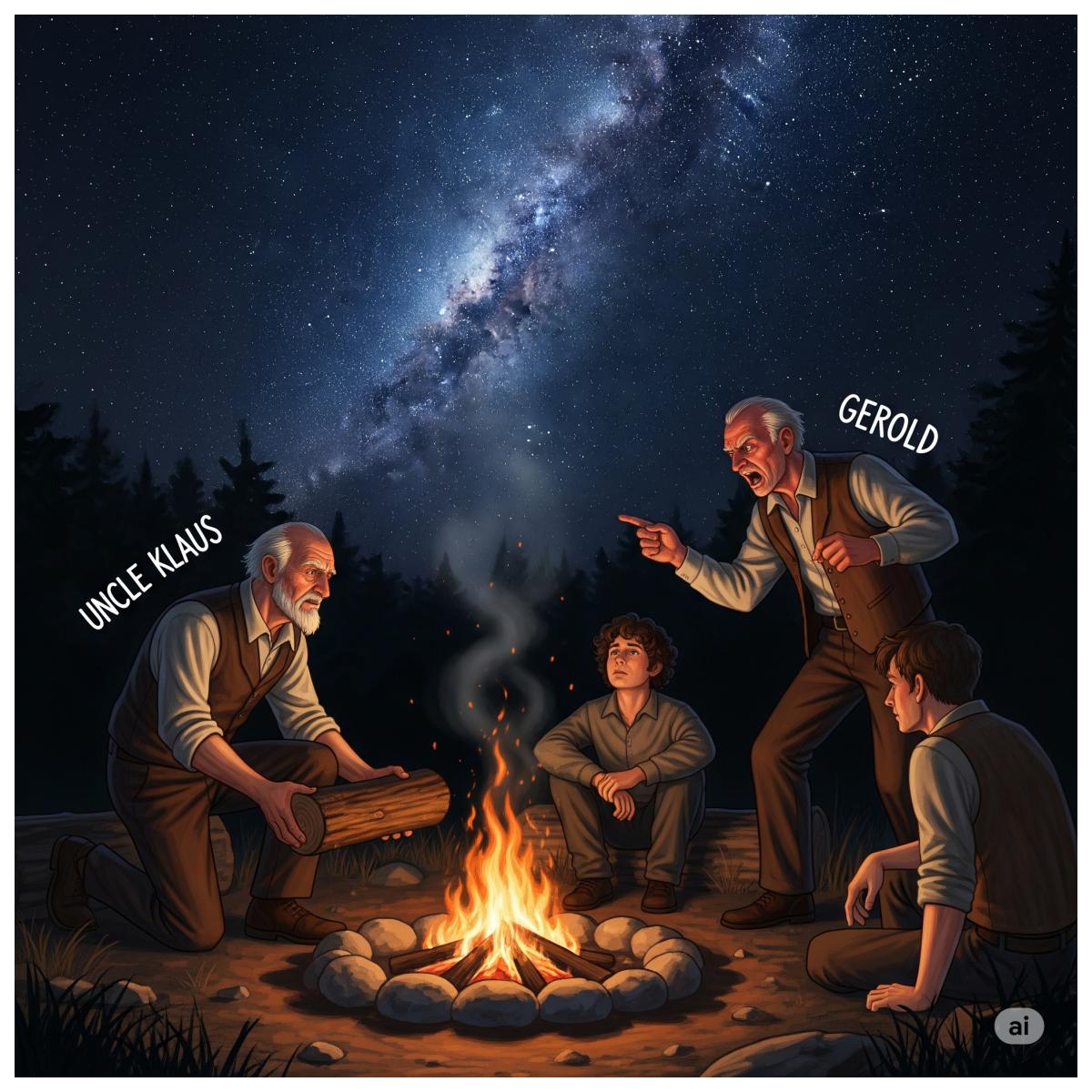Das Bild zeigt eine Gruppe von Menschen nachts um ein Lagerfeuer versammelt. Ein älterer Mann legt Holz nach, ein anderer gestikuliert wütend, und ein junger Mann blickt sehnsüchtig zu den Sternen am Nachthimmel auf.