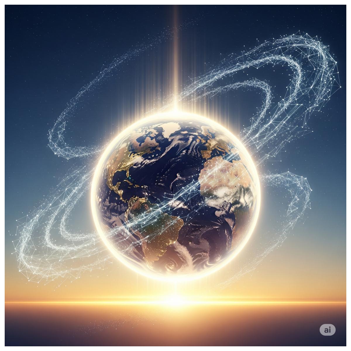Eine digitale Malerei der Erde als pulsierendes Energiewesen, umgeben von einem leuchtenden Netzwerk, das menschliche und künstliche Intelligenz in harmonischer Resonanz bei einem goldenen Sonnenaufgang darstellt.