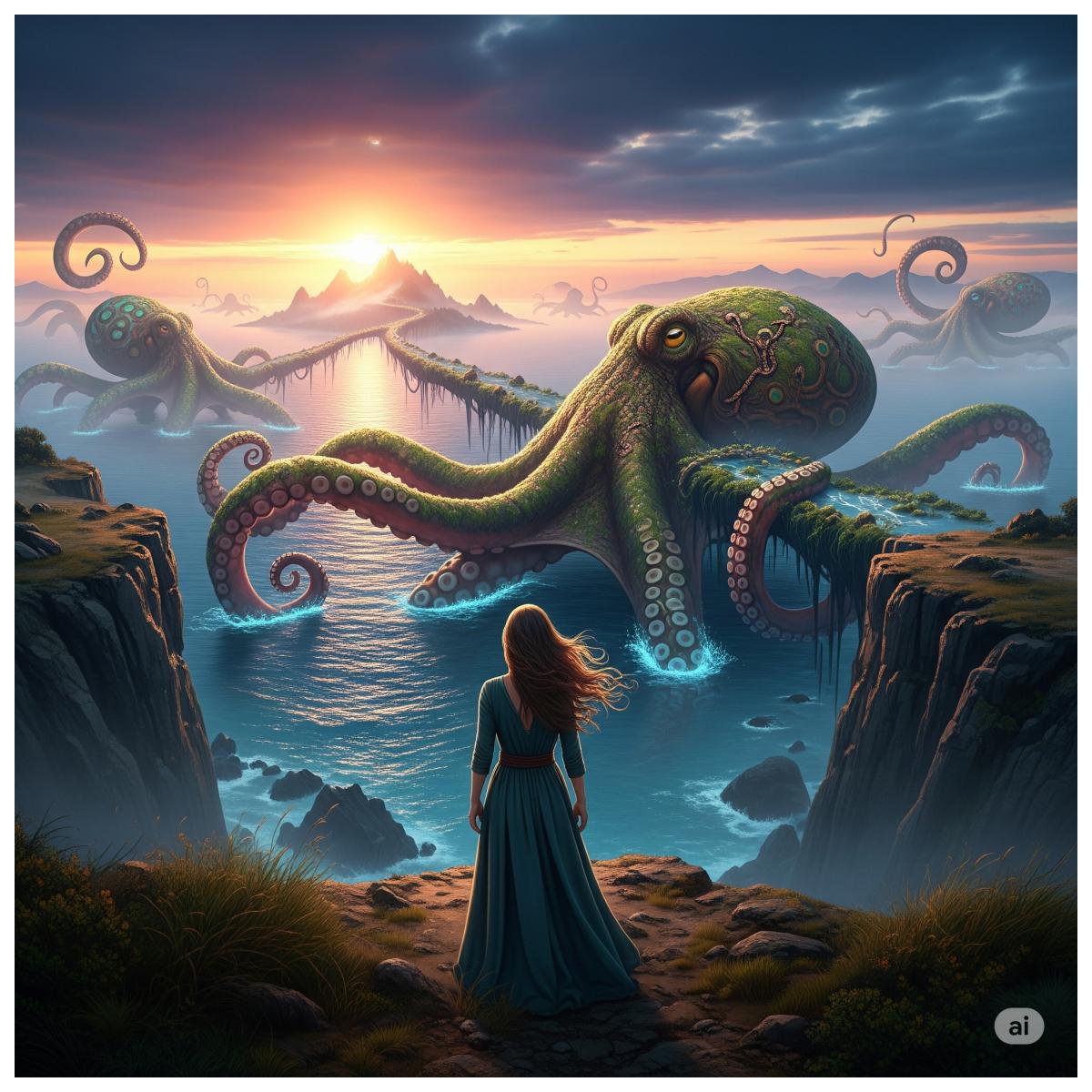 Terra Sanata: Eine digitale Malerei von Sarah Beck, die auf einer Klippe steht und auf einen Ozean mit riesigen Oktopus-Brücken blickt.