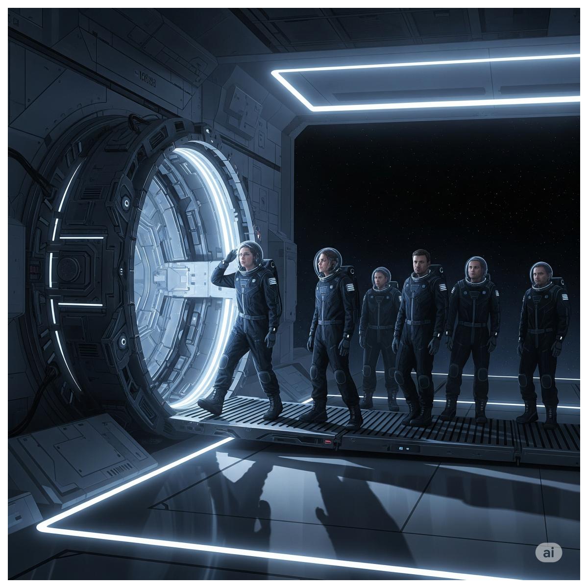 Sieben Astronauten in dunklen Uniformen verlassen ihr Raumschiff „Wegbereiter Alpha“ und betreten eine hell erleuchtete, futuristische Raumstation, wo sie von einer kleinen Delegation erwartet werden.