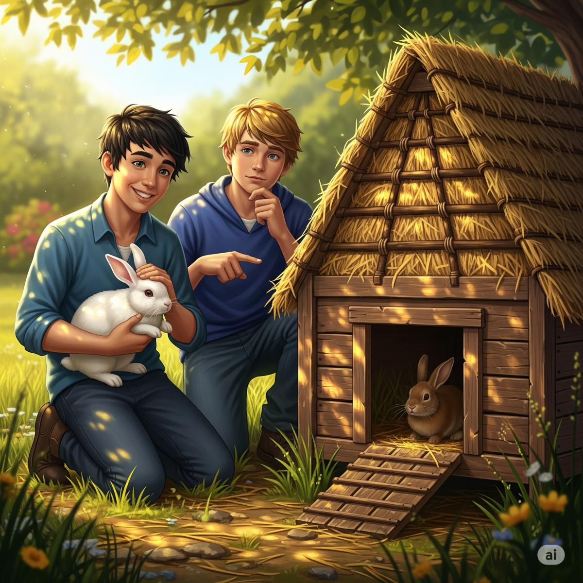 zwei Jungen, David und Peter, in einem sonnendurchfluteten Garten bei ihrem selbstgebauten Hasenstall, umgeben von vielen Kaninchen.