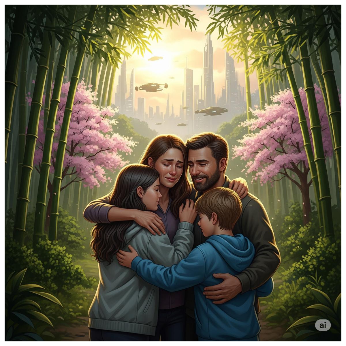 Eine digitale Malerei einer vierköpfigen Familie – Mutter, Vater, Tochter und Sohn – die sich in einer liebevollen und emotionalen Umarmung inmitten eines blühenden Waldes mit Bambus und Kirschblüten befindet.