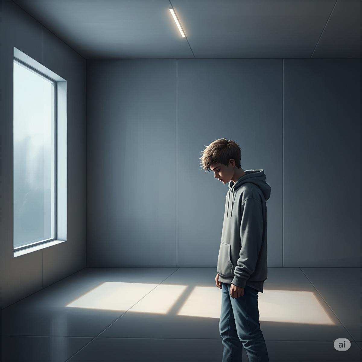 Ein Bild eines Jungen namens David, der einsam in einem leeren Zimmer steht