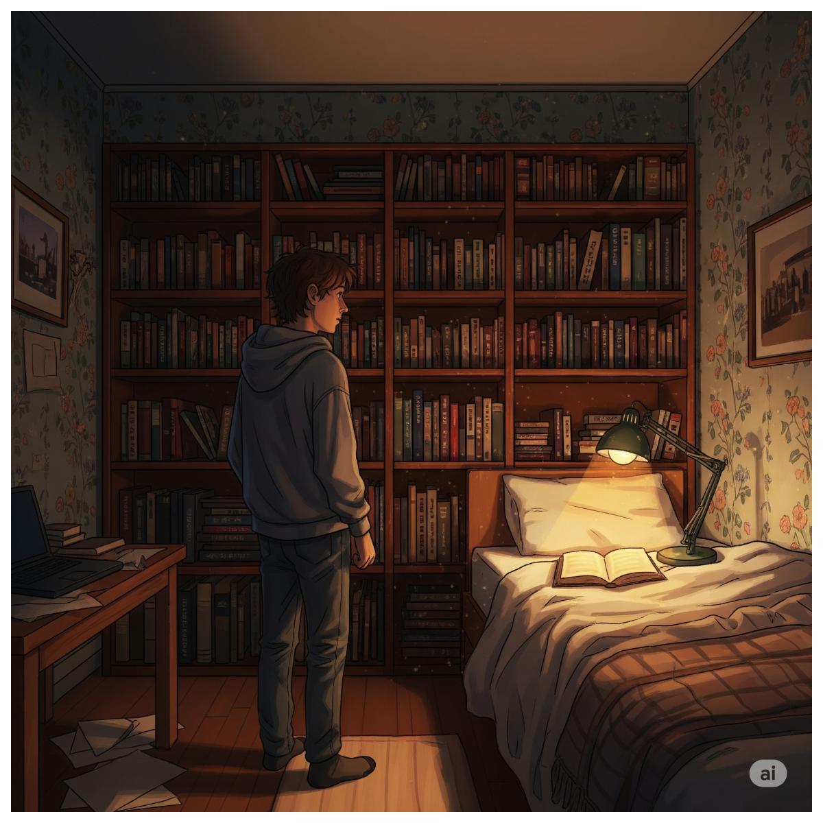 Ein Bild, die den jungen David in seinem neuen, gemütlichen Zimmer zeigt, wie er staunend vor einem großen Bücherregal steht.