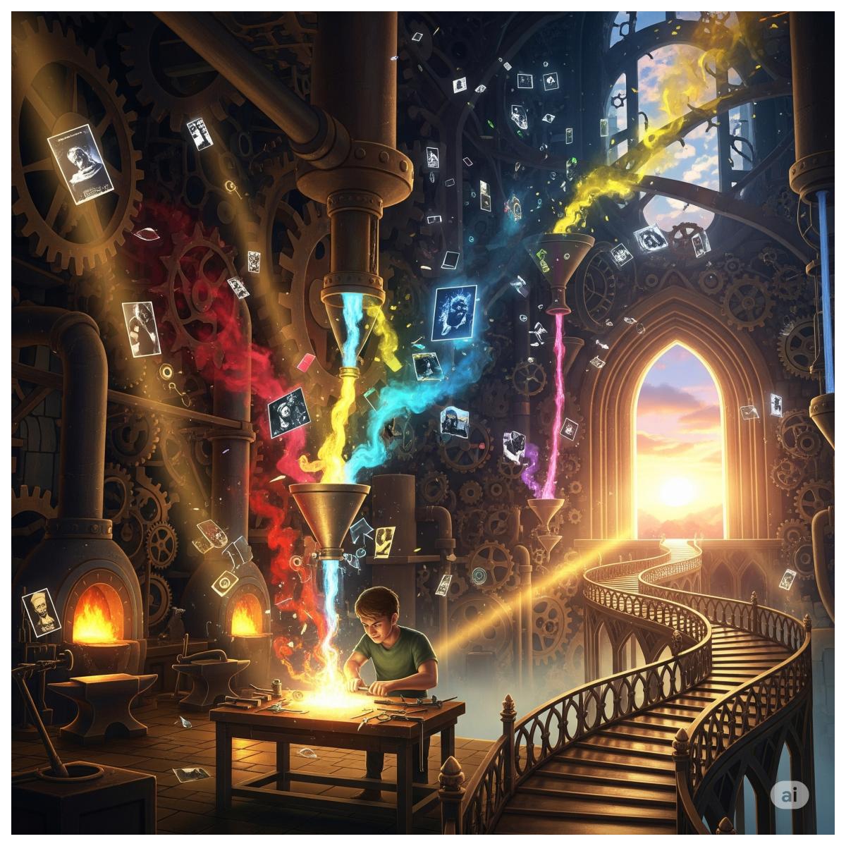 Ein Bild einer seelischen Werkstatt, in der ein David an einem Neuanfang schmiedet, mit einer goldenen Brücke, die in einen hoffnungsvollen Sonnenaufgang führt.