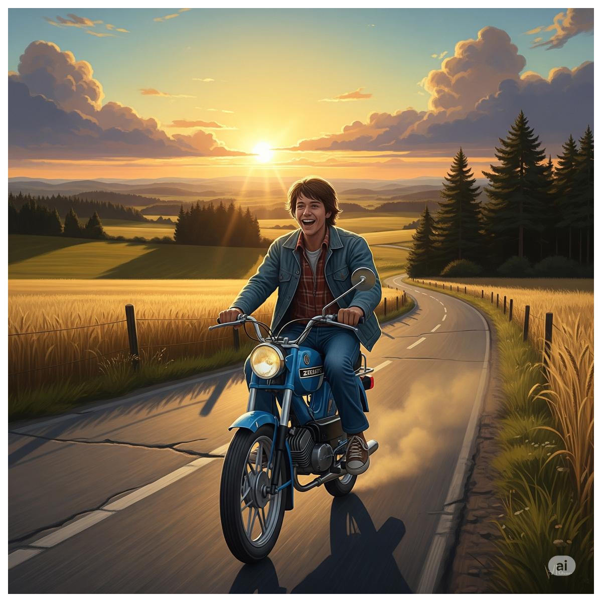 David, ein 16-jähriger Junge mit braunen Haaren, fährt 1978 auf seinem blauen Mofa bei Sonnenaufgang eine deutsche Landstraße entlang.