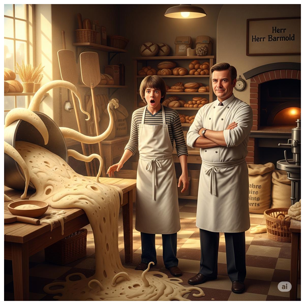 Ein junger Mann und ein älterer Bäckermeister in einer Backstube aus dem Jahr 1978 betrachten ein übergelaufenes Teigmonster, das sich aus einer Schüssel auf den Boden ergießt.