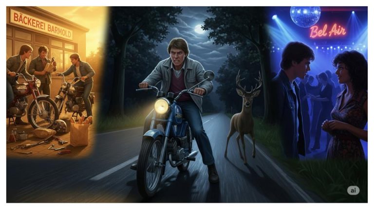 Eine Bildmontage, die den transformativen Sommer des 16-jährigen David im Jahr 1978 darstellt. In der Mitte weicht er auf seinem Mofa einem Reh aus. Links schraubt er lachend mit Freunden an Mofas vor einer Bäckerei. Rechts hat er Blickkontakt mit einer jungen Frau in einer Diskothek.