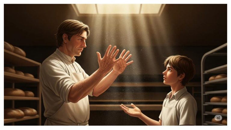 Der Bäckermeister Herr Barmold zeigt seinem Lehrling David in der Backstube seine von der Arbeit vernarbten Hände, die von einem Lichtstrahl beleuchtet werden. Die Szene symbolisiert die Weitergabe von Lebensweisheit.