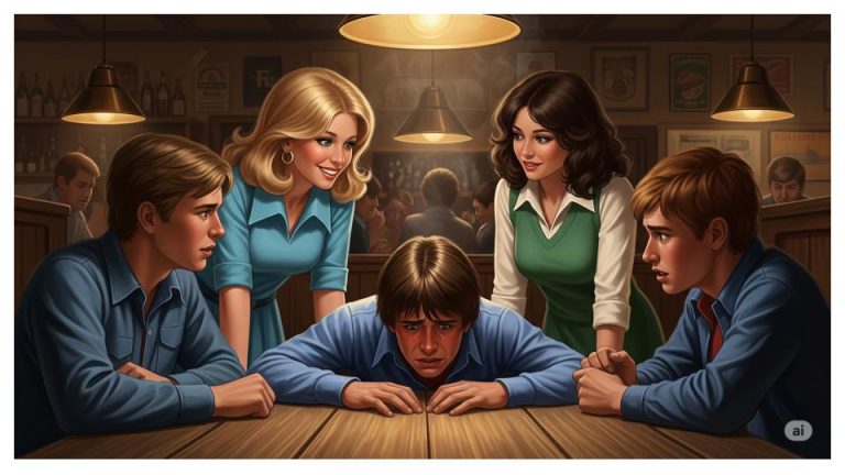 Szene in einer Dorfkneipe 1978: Zwei junge Frauen, Hermine und Agathe, sprechen den 16-jährigen David an, der panisch sein Gesicht auf dem Tisch vergräbt, während seine Freunde Karl und Sven hilflos zusehen.