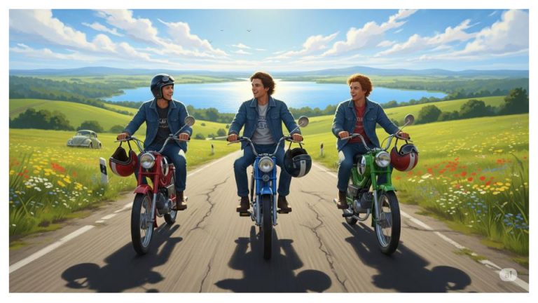 Drei lachende Teenager, David, Karl und Sven, fahren im Sommer 1978 auf ihren Mofas nebeneinander eine deutsche Landstraße entlang. Im Hintergrund ist ein großer See zu sehen. Die Szene symbolisiert Freiheit und Freundschaft.