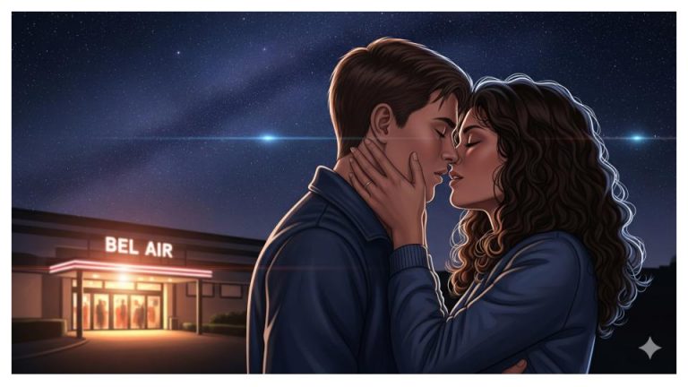 David und Agathe küssen sich unter einem Sternenhimmel vor der beleuchteten Fassade der Diskothek "Bel Air". Es ist ihr erster Kuss, ein intimer und zärtlicher Moment.