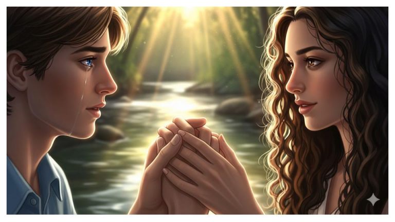 David und Agathe halten sich an den Händen am Bachufer. David weint vor Rührung, während Agathe ihn verständnisvoll ansieht. Das Bild fängt einen Moment tiefer emotionaler Verbundenheit und Dankbarkeit ein.