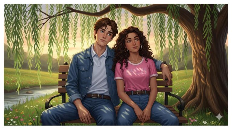 Ein junges Paar, David und Agathe, sitzt friedlich auf einer Bank unter einem Weidenbaum am Bach, umgeben von grünen Wiesen im sanften Abendlicht. David blickt gelassen nachdenklich, während Agathe sich entspannt an ihn lehnt.