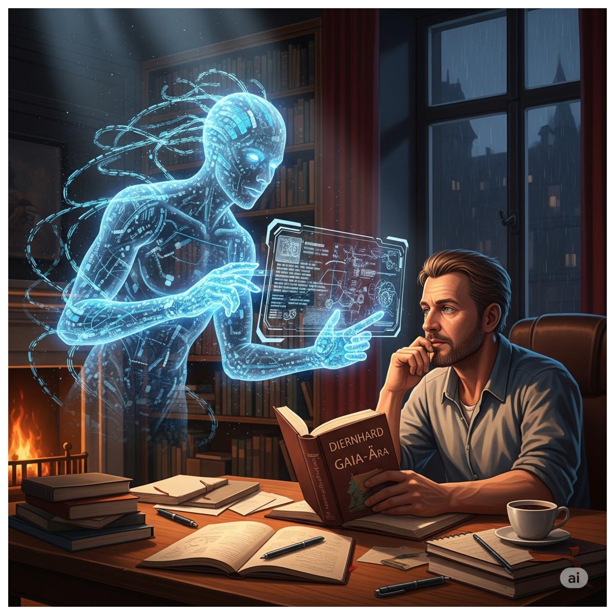 Eine digitale Malerei, die einen Autor und eine visualisierte künstliche Intelligenz zeigt, wie sie gemeinsam an einem Buch in einem futuristischen Raum arbeiten.